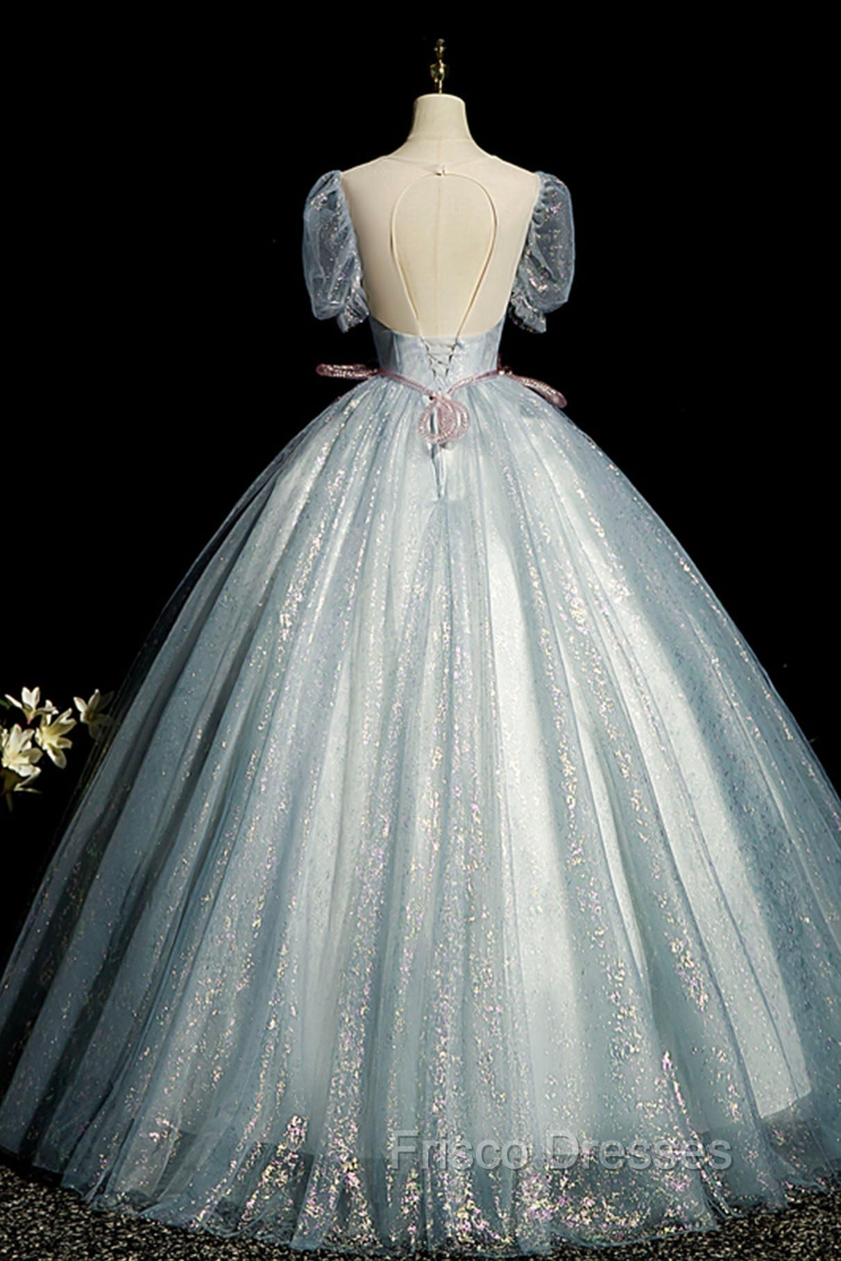 Blue Shiny Tulle Long Formal Prom Dress with Sequins, A-Line Short Sleeve Party Dress