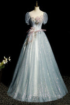 Blue Shiny Tulle Long Formal Prom Dress with Sequins, A-Line Short Sleeve Party Dress