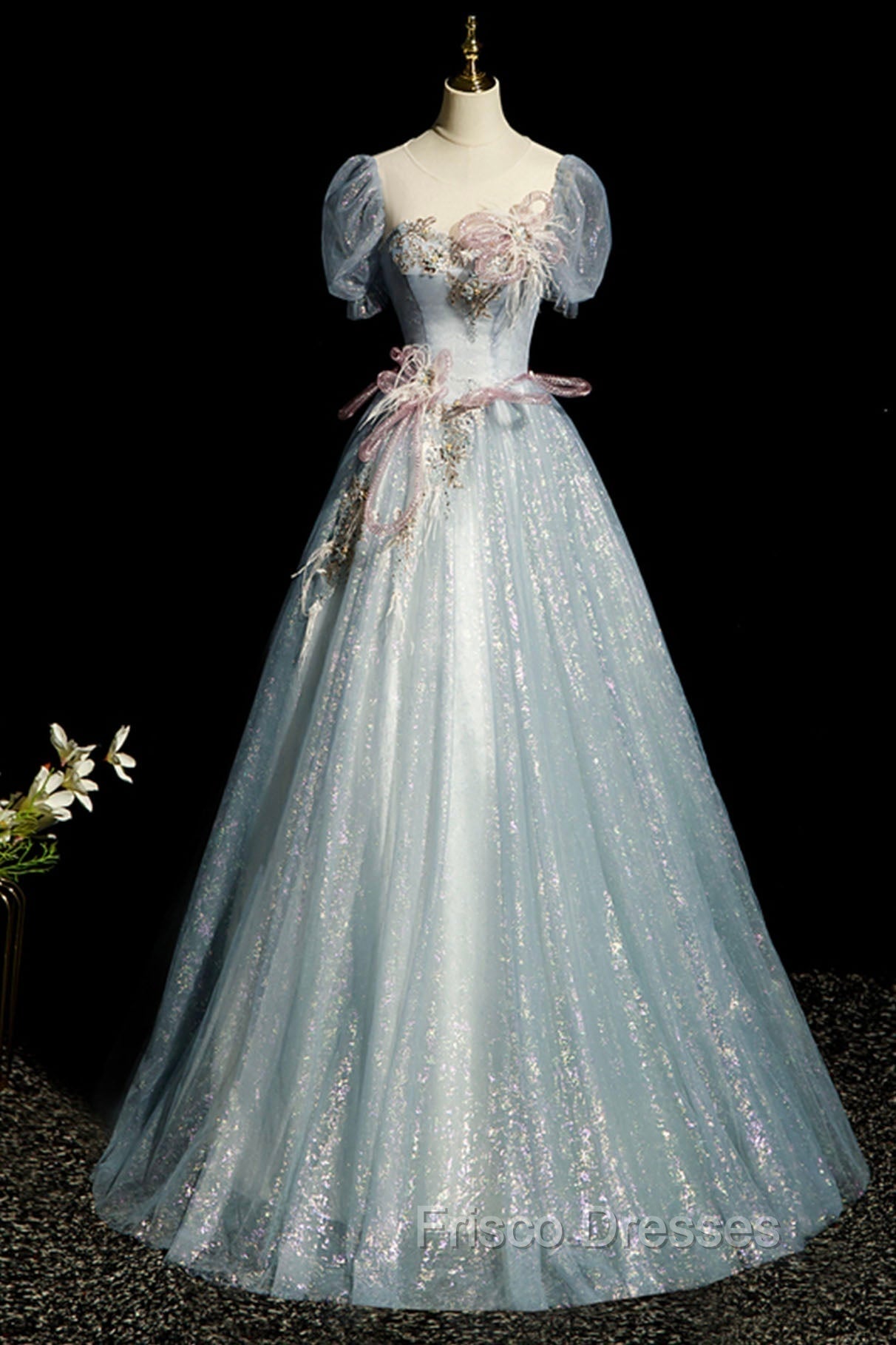 Blue Shiny Tulle Long Formal Prom Dress with Sequins, A-Line Short Sleeve Party Dress