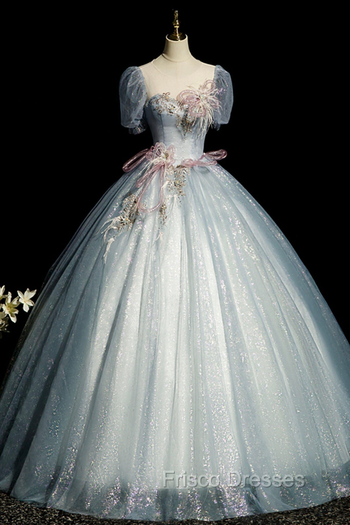 Blue Shiny Tulle Long Formal Prom Dress with Sequins, A-Line Short Sleeve Party Dress Main image