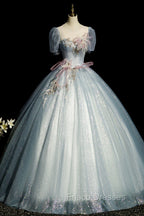 Blue Shiny Tulle Long Formal Prom Dress with Sequins, A-Line Short Sleeve Party Dress