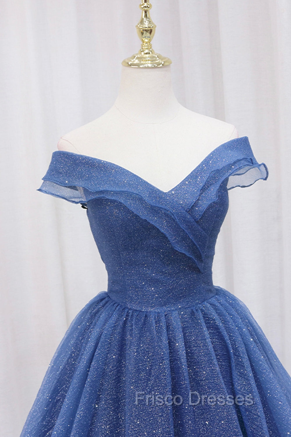 Blue Shiny Tulle Off the Shoulder Formal Prom Dress, Blue V-Neck Evening Dress Secondary image