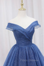 Blue Shiny Tulle Off the Shoulder Formal Prom Dress, Blue V-Neck Evening Dress