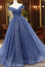 Blue Shiny Tulle Off the Shoulder Formal Prom Dress, Blue V-Neck Evening Dress