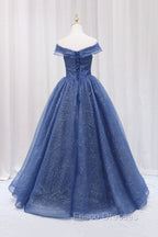 Blue Shiny Tulle Off the Shoulder Formal Prom Dress, Blue V-Neck Evening Dress