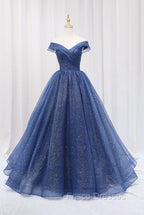 Blue Shiny Tulle Off the Shoulder Formal Prom Dress, Blue V-Neck Evening Dress
