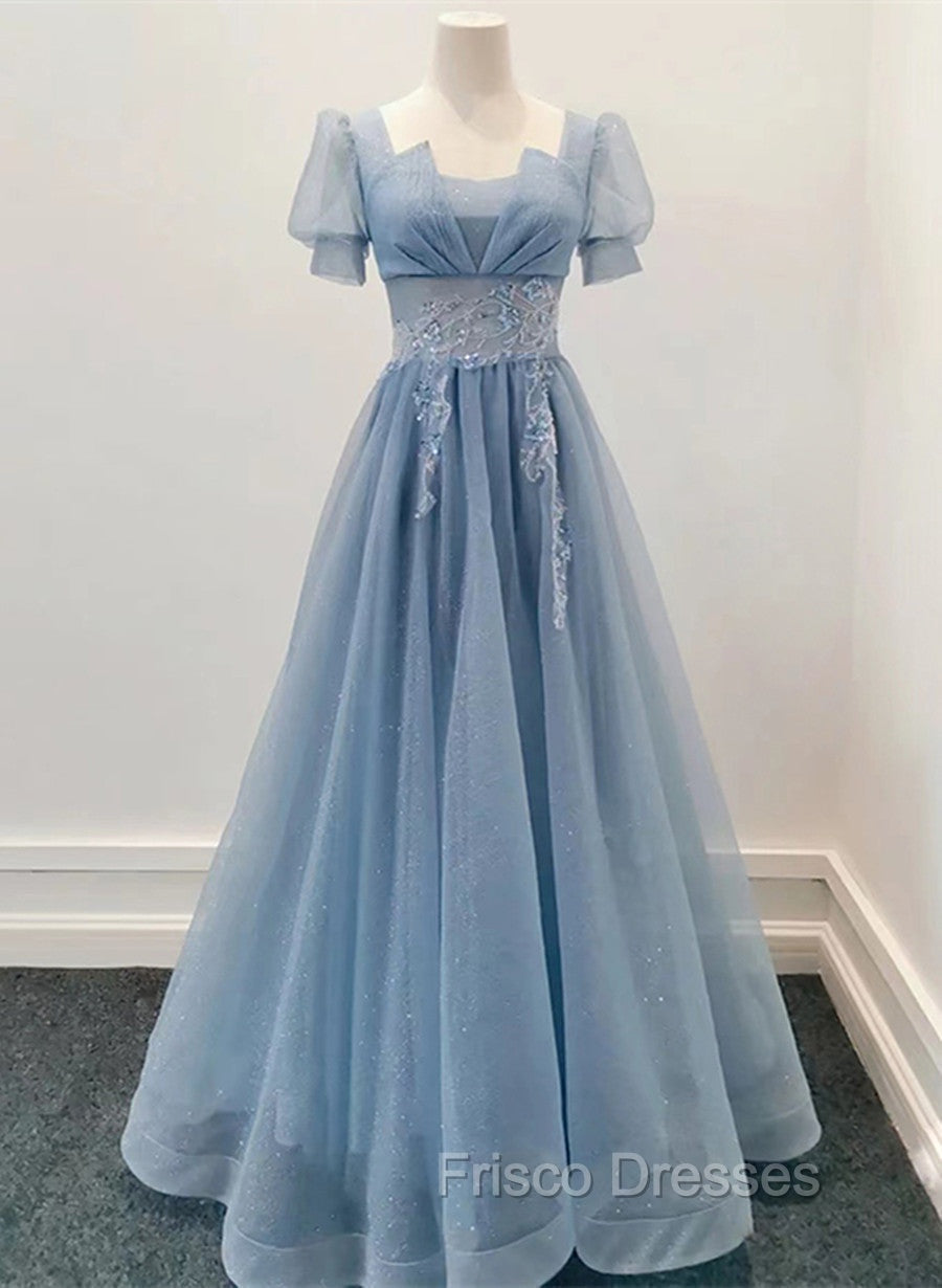 Blue Shiny Tulle Short Sleeves Long Formal Dress, Blue A-line Formal Prom Dress