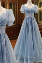 Blue Shiny Tulle Short Sleeves Long Formal Dress, Blue A-line Formal Prom Dress