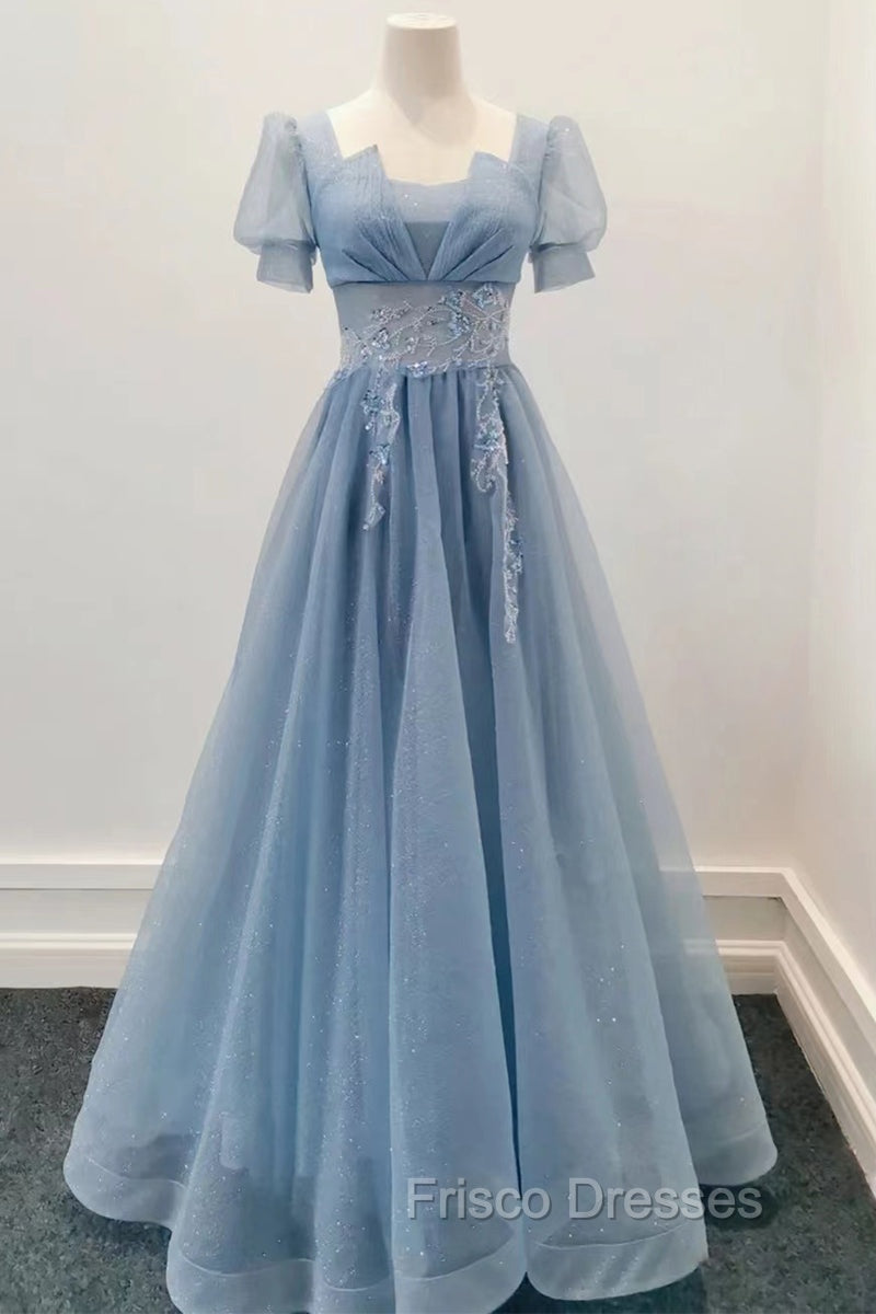 Blue Shiny Tulle Short Sleeves Long Formal Dress, Blue A-line Formal Prom Dress Main image