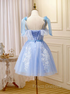 Blue Short Formal Prom Dress, Puffy Cute Blue Homecoming Dress with Lace