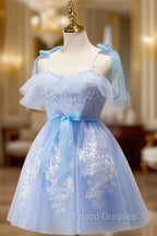 Blue Short Formal Prom Dress, Puffy Cute Blue Homecoming Dress with Lace