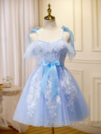 Blue Short Formal Prom Dress, Puffy Cute Blue Homecoming Dress with Lace