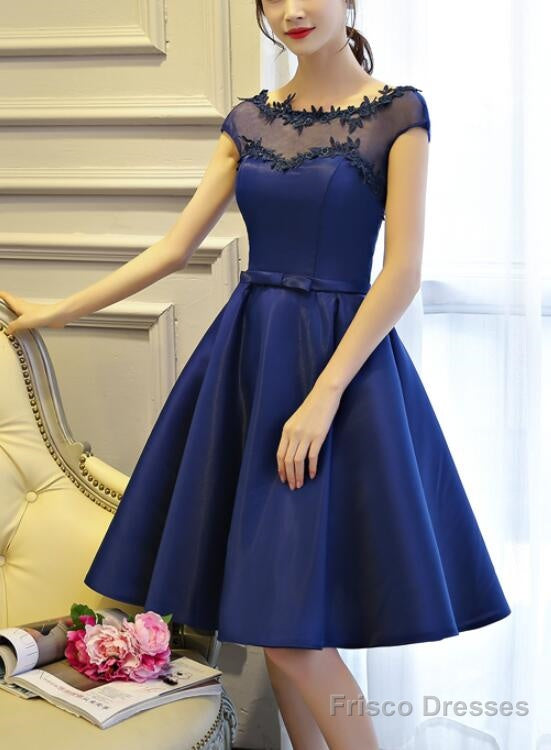 Blue Short Satin V Back Knee Length Homecoming Dress, Lovely Formal Dress Main image