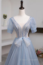 Blue Short Sleeve Tulle Floor Length Formal Prom Dress with Beaded