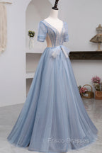 Blue Short Sleeve Tulle Floor Length Formal Prom Dress with Beaded