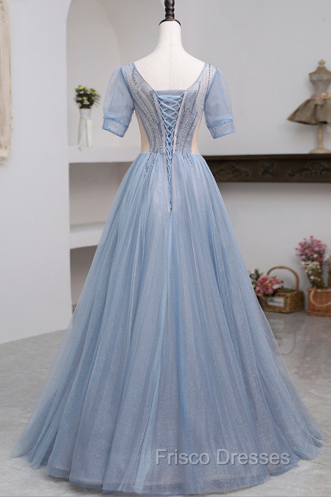 Blue Short Sleeve Tulle Floor Length Formal Prom Dress with Beaded