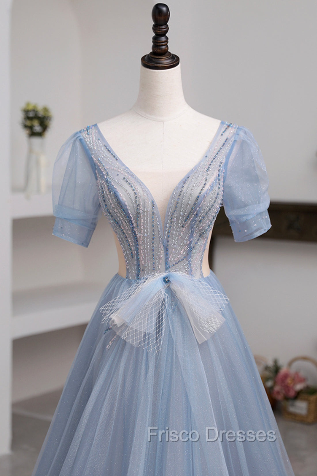 Blue Short Sleeve Tulle Floor Length Formal Prom Dress with Beaded, Blue A-Line Evening Dress