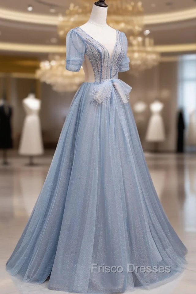 Blue Short Sleeve Tulle Floor Length Formal Prom Dress with Beaded, Blue A-Line Evening Dress