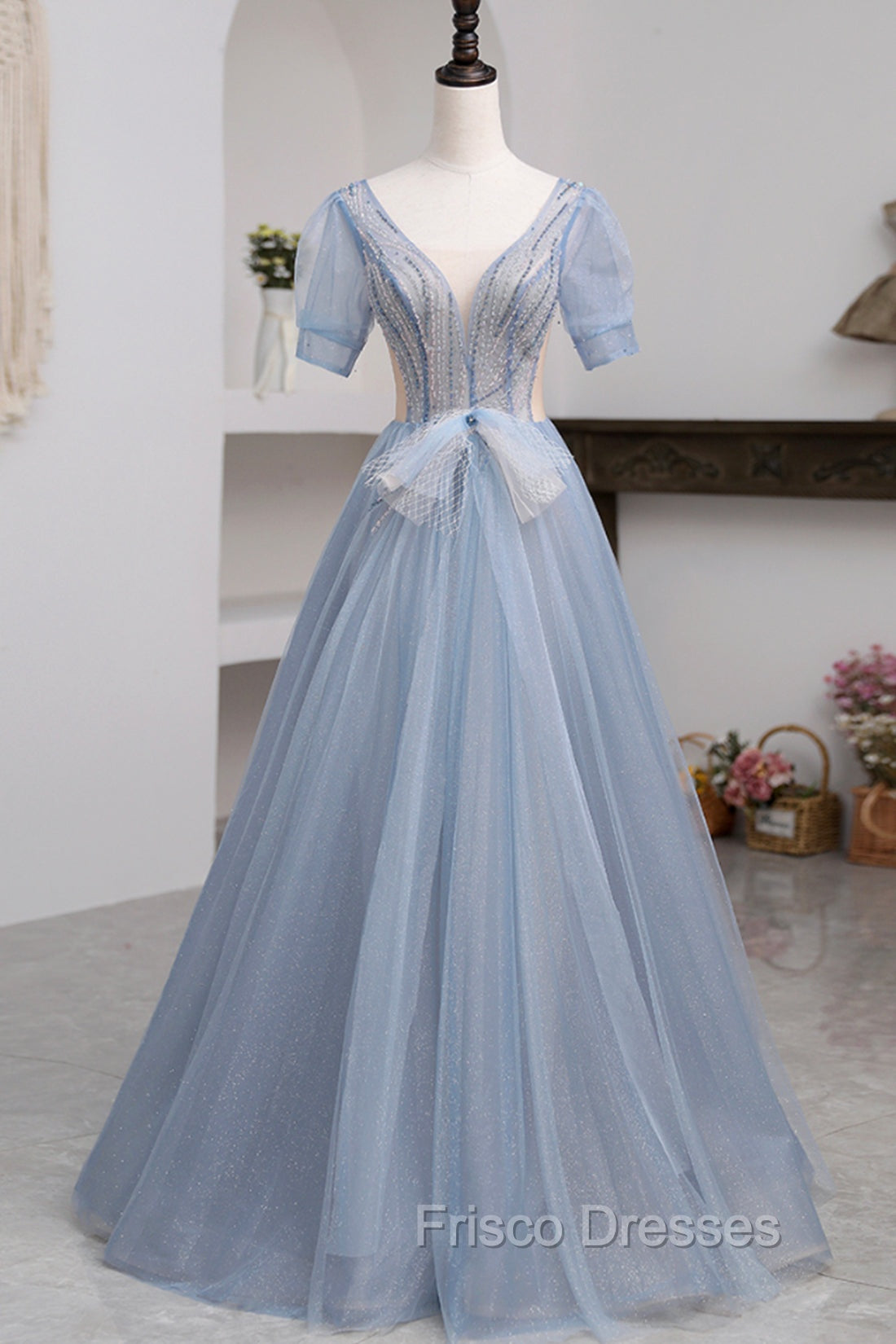 Blue Short Sleeve Tulle Floor Length Formal Prom Dress with Beaded, Blue A-Line Evening Dress Main image
