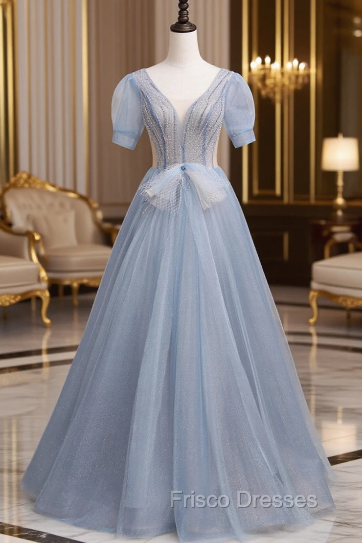Blue Short Sleeve Tulle Floor Length Formal Prom Dress with Beaded