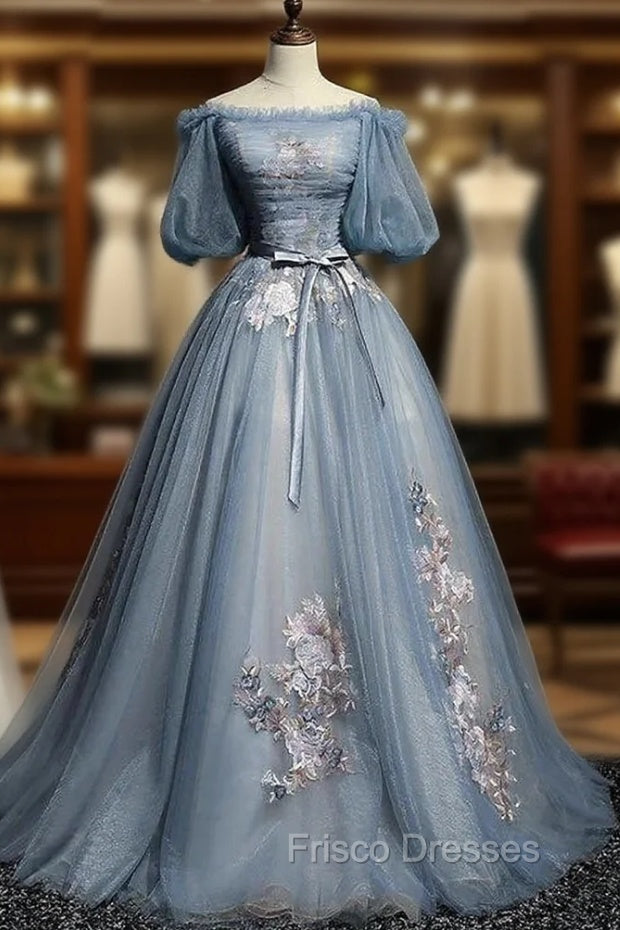 Blue Short Sleeves Long Tulle with Flower Applique Party Dress, Blue Sweet 16 Dress