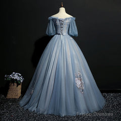 Blue Short Sleeves Long Tulle with Flower Applique Party Dress, Blue Sweet 16 Dress