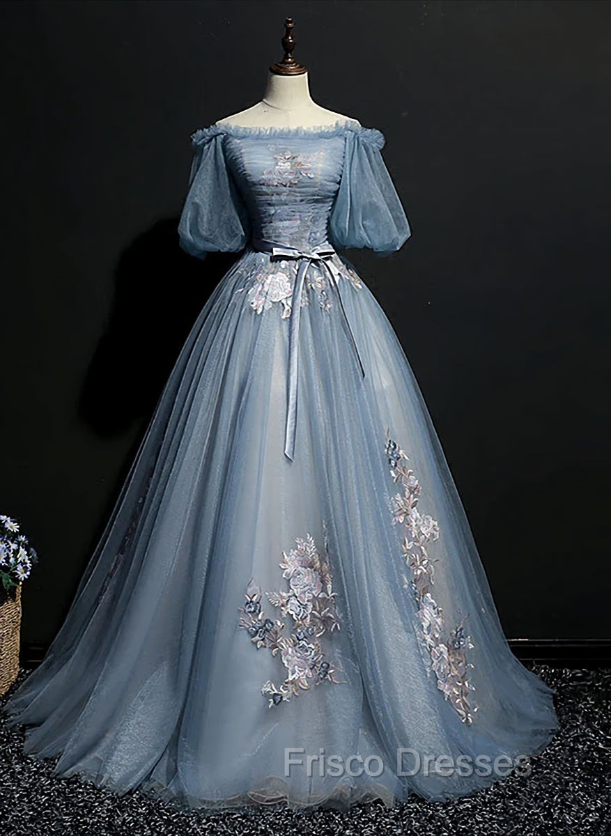 Blue Short Sleeves Long Tulle with Flower Applique Party Dress, Blue Sweet 16 Dress Main image