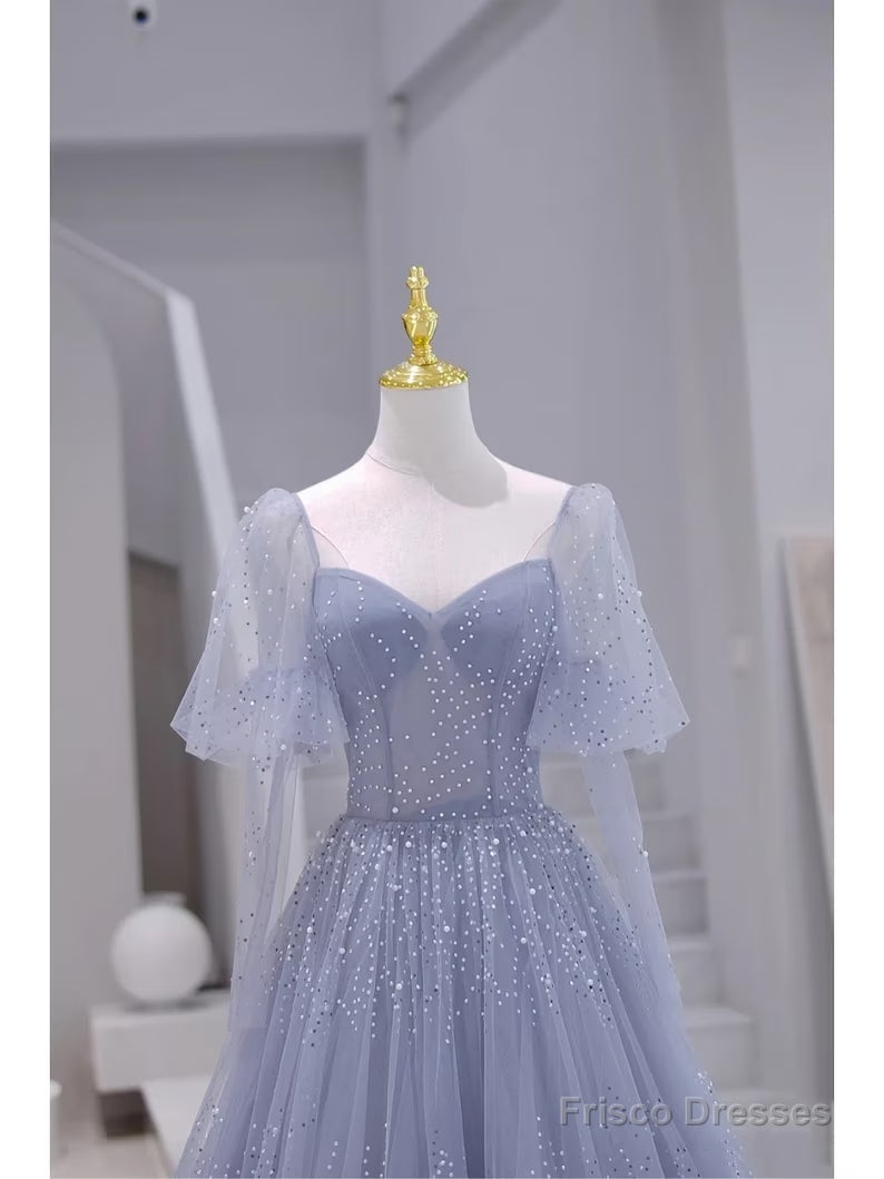 Blue Short Sleeves Tulle Long Sweetheart Party Dress, A-line Blue Prom Dress Secondary image
