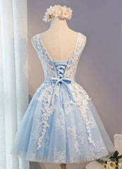 Blue Simple Tulle Homecoming Dress Lace Applique, Baby Blue Sash Backless A Line Knee Length Formal Dress