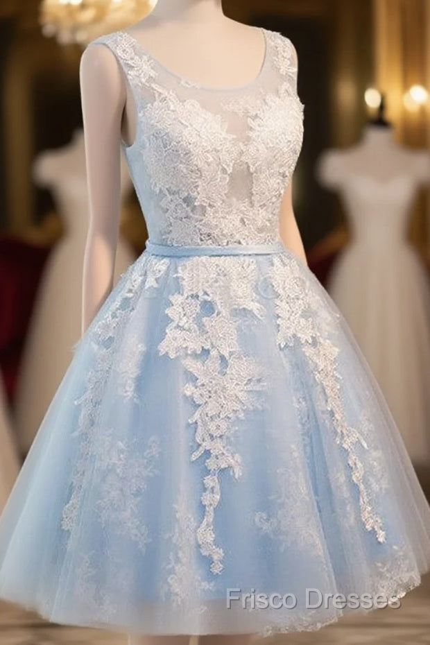 Blue Simple Tulle Homecoming Dress Lace Applique, Baby Blue Sash Backless A Line Knee Length Formal Dress Main image