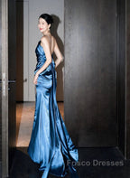 Blue Soft Satin Long Formal Prom Dress With Leg Slit, Blue Evening Dress Formal Dress