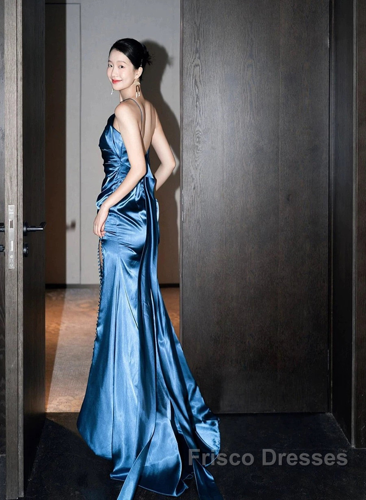 Blue Soft Satin Long Formal Prom Dress With Leg Slit, Blue Evening Dress Formal Dress