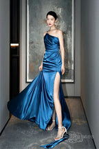 Blue Soft Satin Long Formal Prom Dress With Leg Slit, Blue Evening Dress Formal Dress