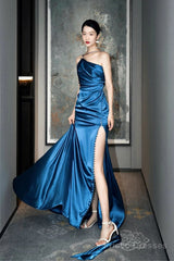 Blue Soft Satin Long Prom Dress With Leg Slit, Blue Evening Dress Formal Dress