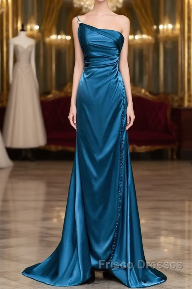 Blue Soft Satin Long Formal Prom Dress With Leg Slit, Blue Evening Dress Formal Dress Main image