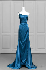 Blue Soft Satin Long Prom Dress With Leg Slit, Blue Evening Dress Formal Dress