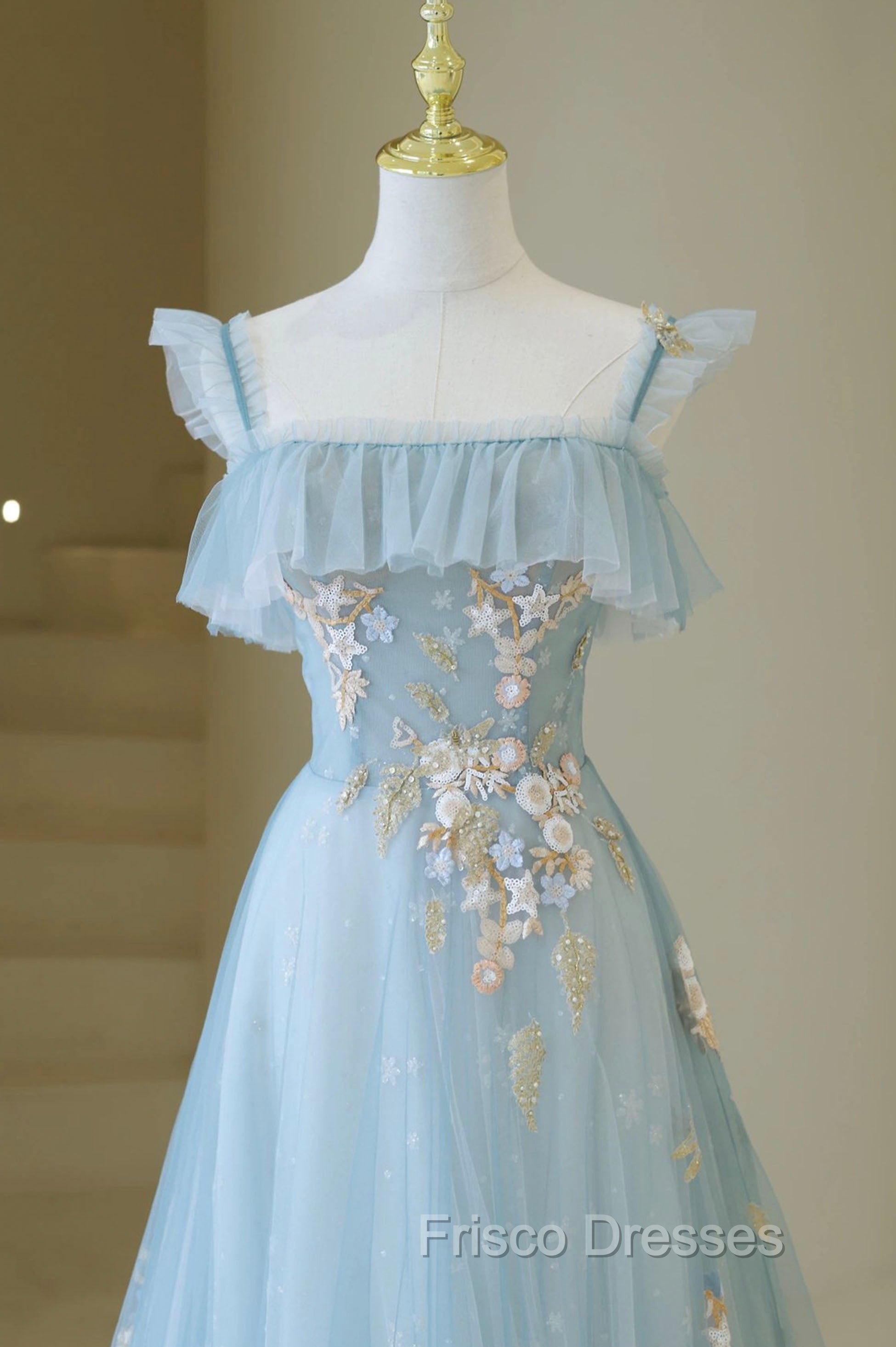 Blue Spaghetti Strap Lace Long Formal Prom Dress, Cute A-Line Graduation Dress Secondary image