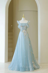 Blue Spaghetti Strap Lace Long Formal Prom Dress, Cute A-Line Graduation Dress