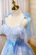 Blue Spaghetti Strap Lace Short Formal Prom Dress, Lovely A-Line Homecoming Dress