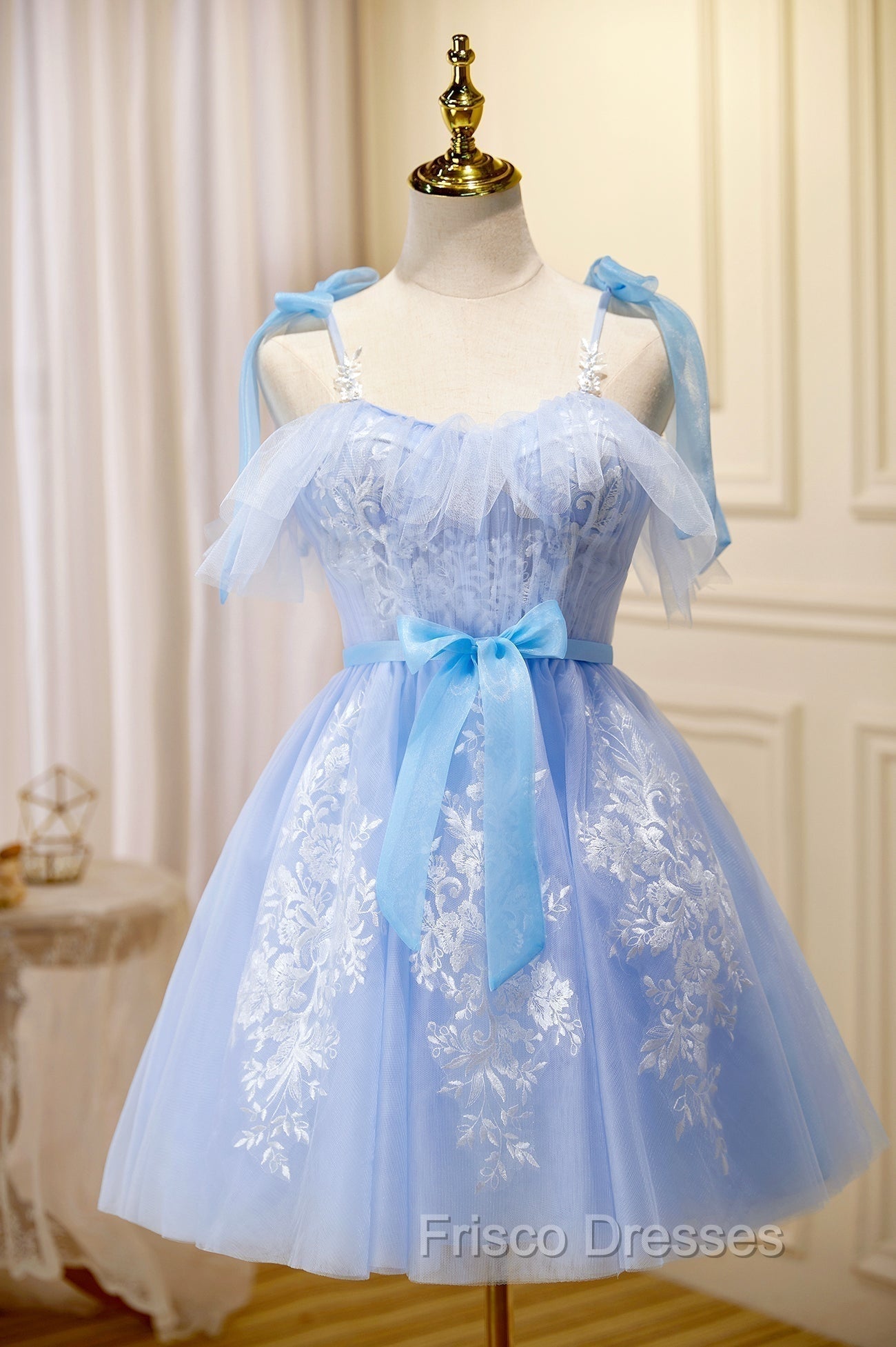 Blue Spaghetti Strap Lace Short Formal Prom Dress, Lovely A-Line Homec Frisco Dresses Blue Spaghetti Strap Lace Short Formal Prom Dress, Lovely A-Line Homec Frisco Dresses