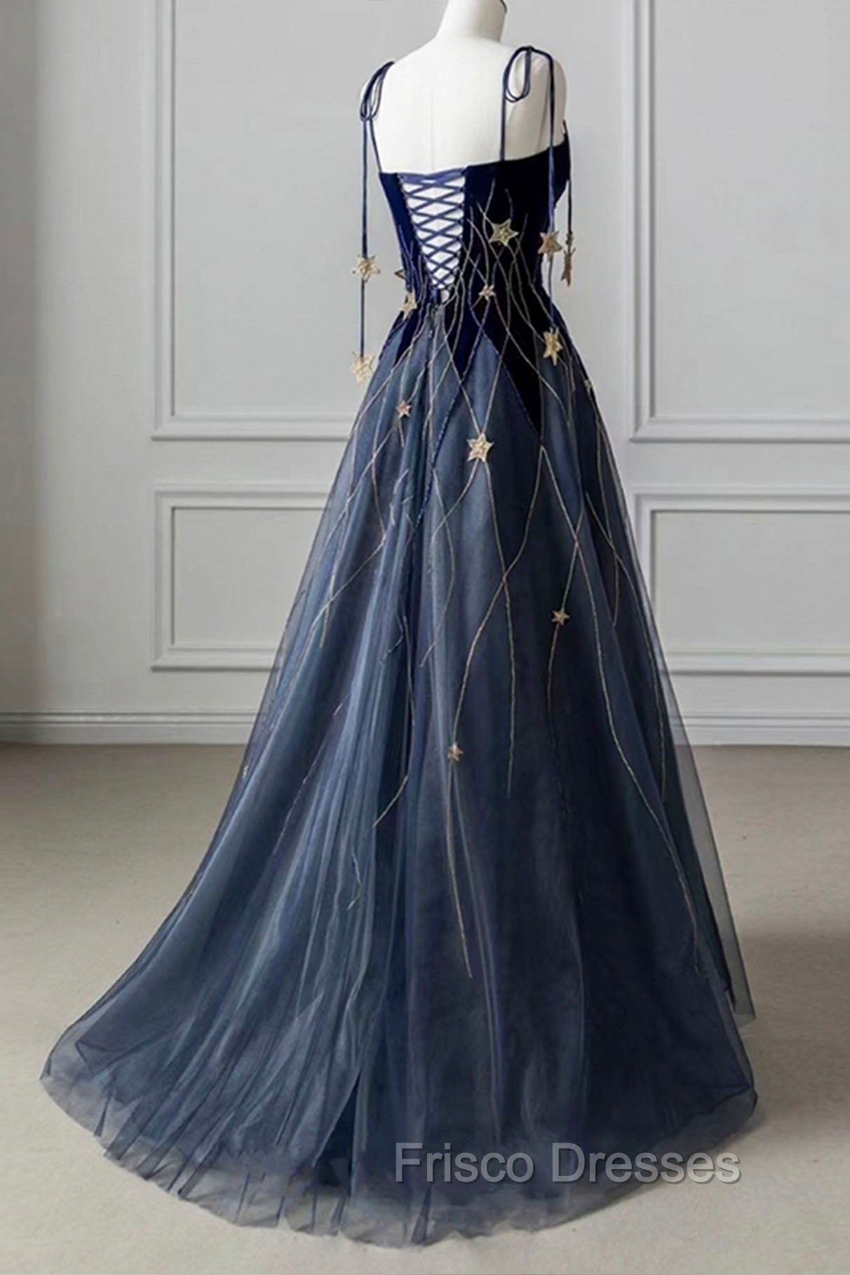 Blue Spaghetti Strap Long Formal Prom Dress with Star, Blue Evening Party Dress