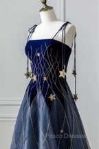 Blue Spaghetti Strap Long Formal Prom Dress with Star, Blue Evening Party Dress