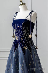 Blue Spaghetti Strap Long Prom Dress with Star, Blue Evening Party Dress