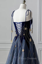 Blue Spaghetti Strap Long Formal Prom Dress with Star, Blue Evening Party Dress