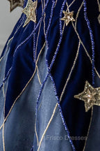 Blue Spaghetti Strap Long Formal Prom Dress with Star, Blue Evening Party Dress