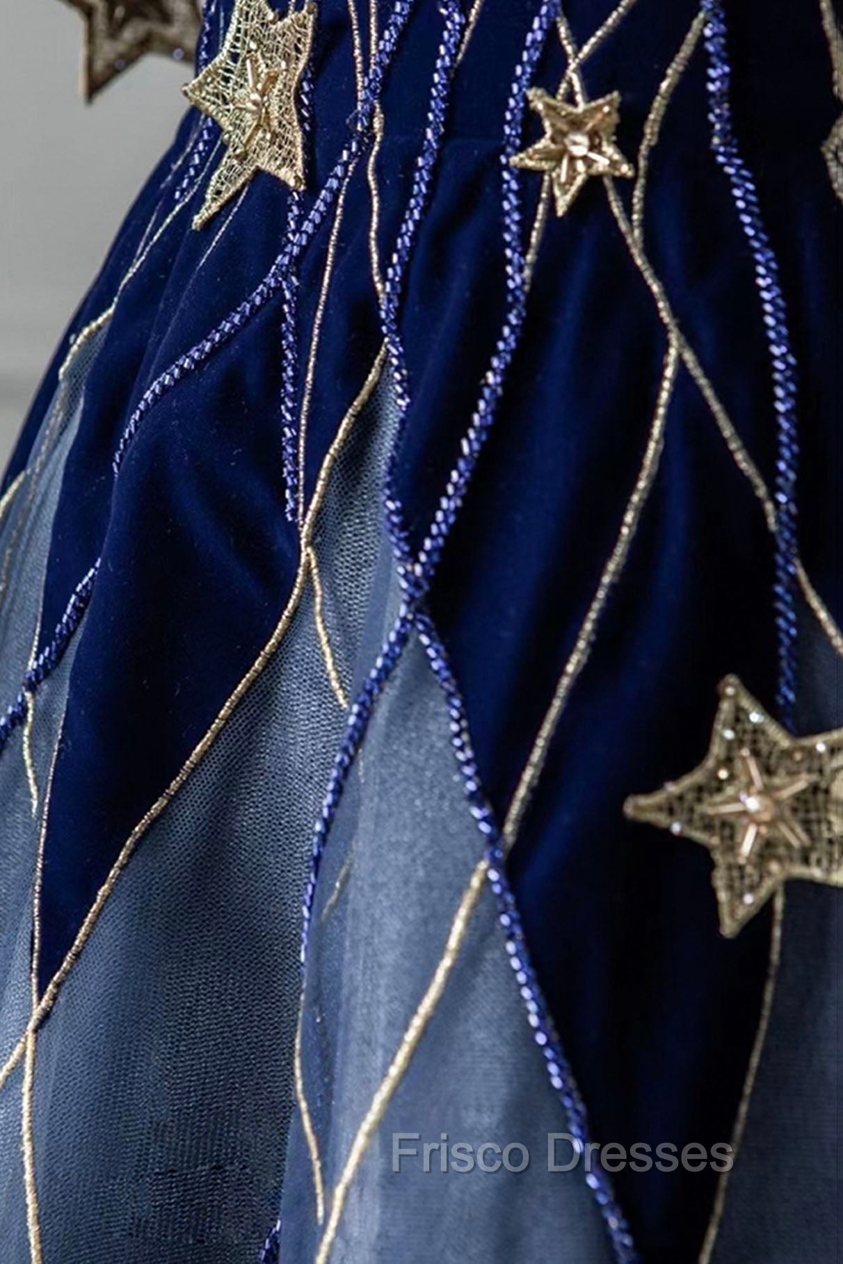 Blue Spaghetti Strap Long Formal Prom Dress with Star, Blue Evening Party Dress