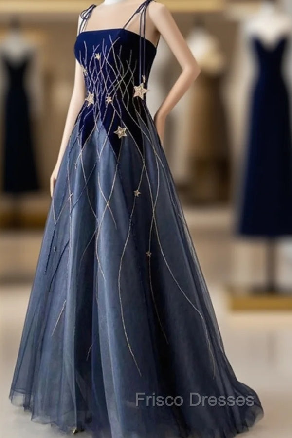 Blue Spaghetti Strap Long Formal Prom Dress with Star, Blue Evening Party Dress Main image