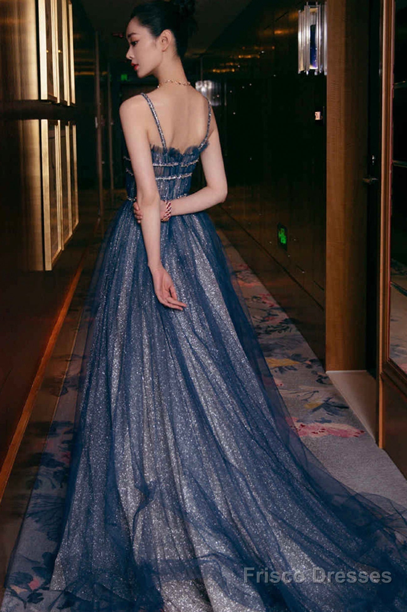 Blue Spaghetti Strap Long Prom Dresses, Blue A-Line Graduation Dresses Secondary image