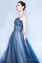 Blue Spaghetti Strap Long Prom Dresses, Blue A-Line Graduation Dresses