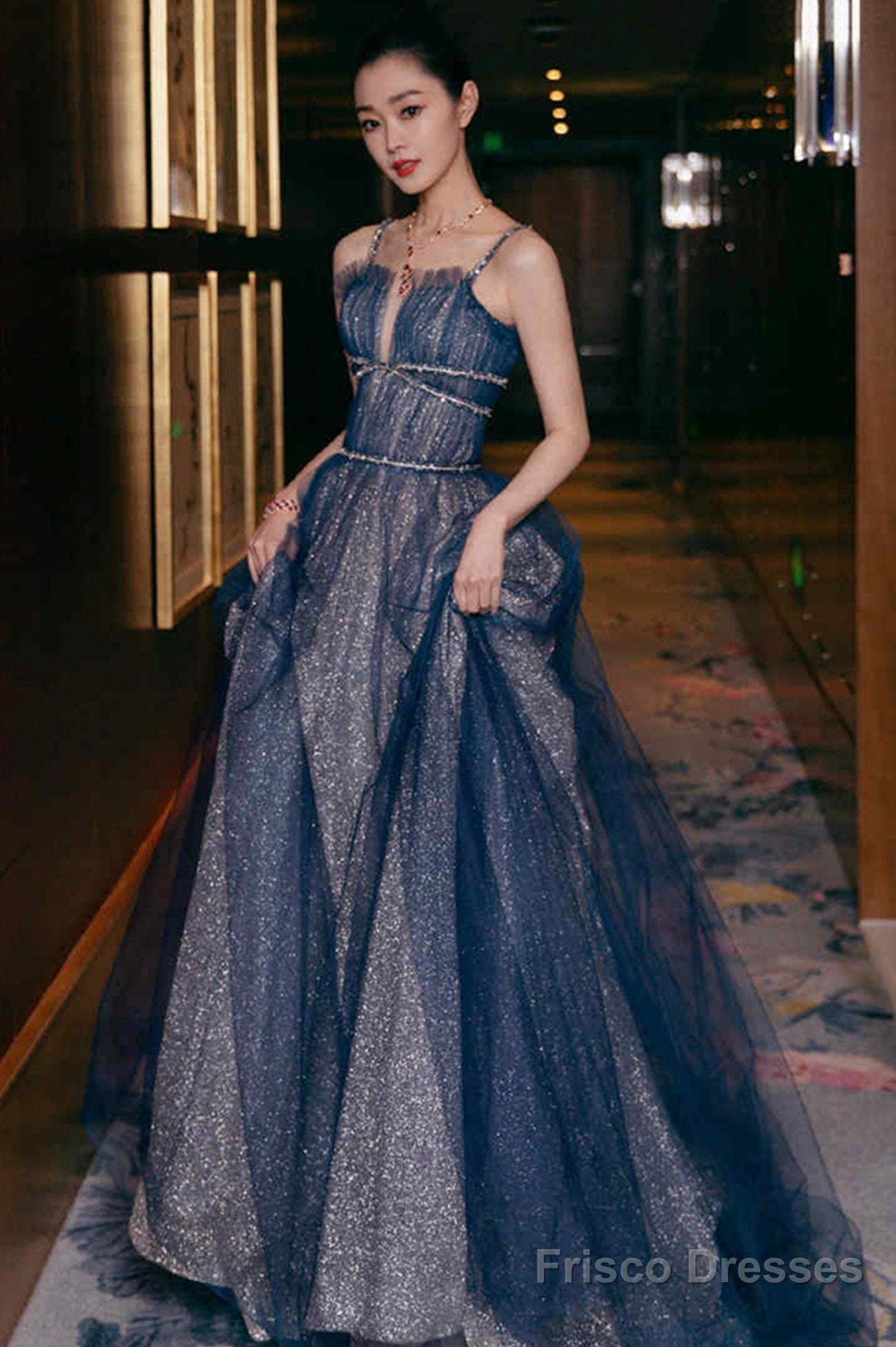 Blue Spaghetti Strap Long Prom Dresses, Blue A-Line Graduation Dresses Main image